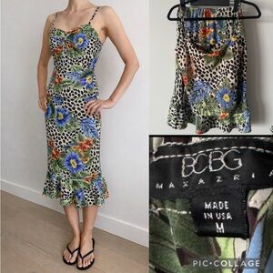 BCBG Vintage 90s Y2K Tropical Floral Leopard Print Cami skirt 2 piece set Medium